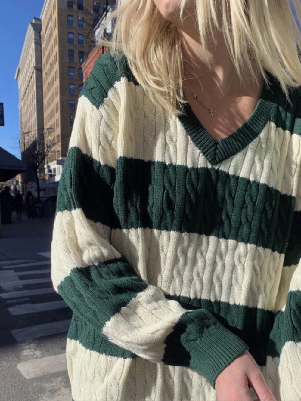 Brandy Melville Oversized Cable-Knit V-Neck Stripe Sweater in Green and Cream